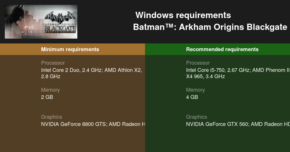 Batman™: Arkham Origins Blackgate - Deluxe Edition System Requirements —  Can I Run Batman™: Arkham Origins Blackgate - Deluxe Edition on My PC?
