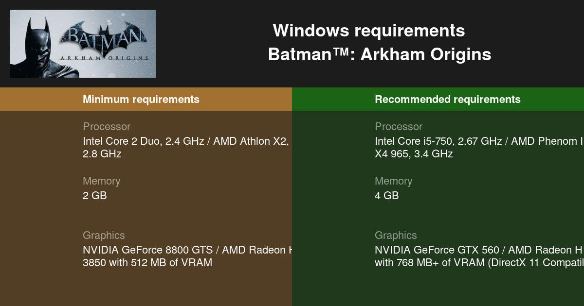 Batman™: Arkham Origins System Requirements — Can I Run Batman™: Arkham  Origins on My PC?