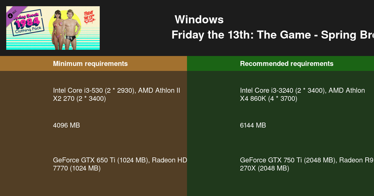 Friday the 13th: The Game - Spring Break 1984 Clothing Pack 시스템 요구 사항 ...