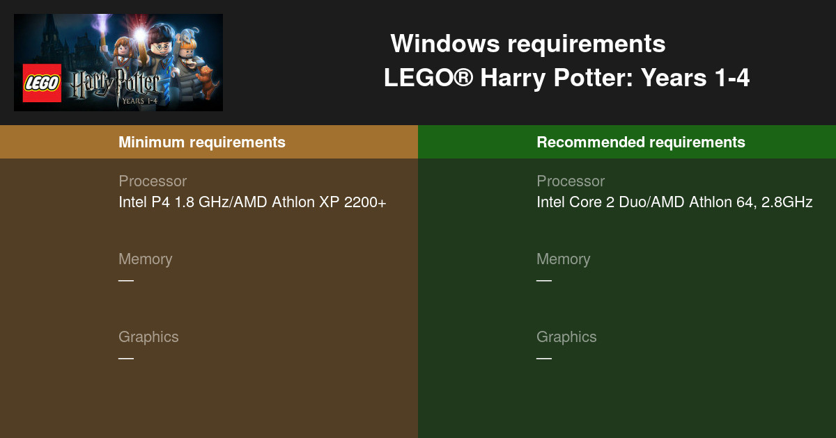 LEGO Harry Potter: Years 1-4 System Requirements - Can I Run It? -  PCGameBenchmark