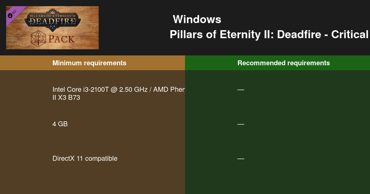 Pillars of Eternity II Deadfire Critical Role Pack 시스템 요구 사항 2024 PC 테스트 🎮