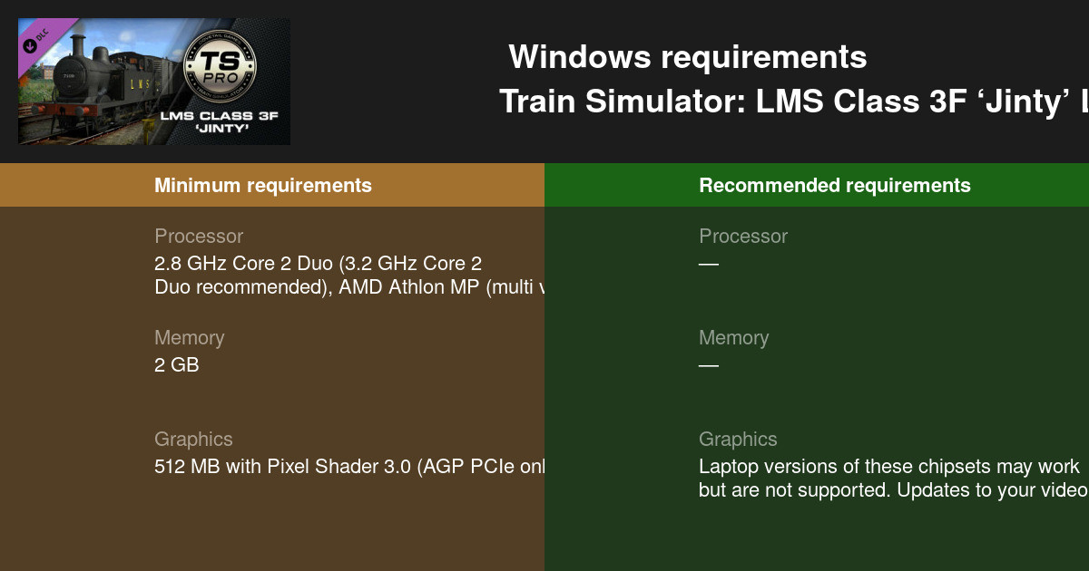 Train Simulator: LMS Class 3F ‘Jinty’ Loco Add-On System Requirements ...